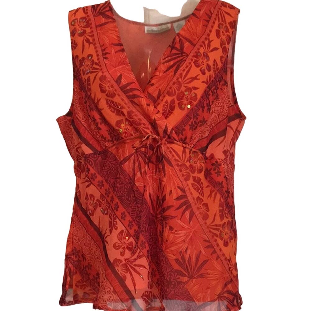 New York City Design Company, Large 100% Silk Red Orange Sleeveless V Neck Top